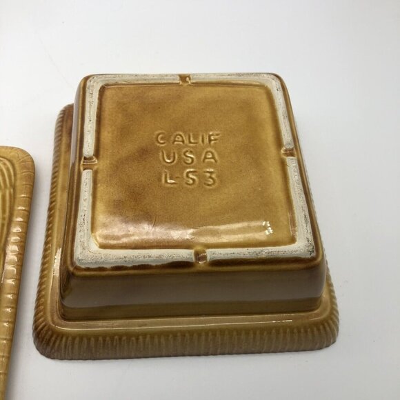 Small CALIF USA Pottery Yellow Brown Weaved Basket Casserole Dish & Lid - Picture 6 of 11